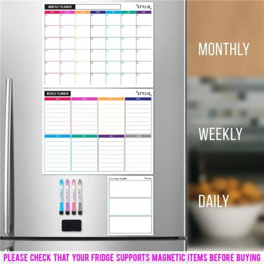 3Pcs Magnetic Planner for Fridge - Monthly, Weekly Calendar, Notepad + 4 Markers